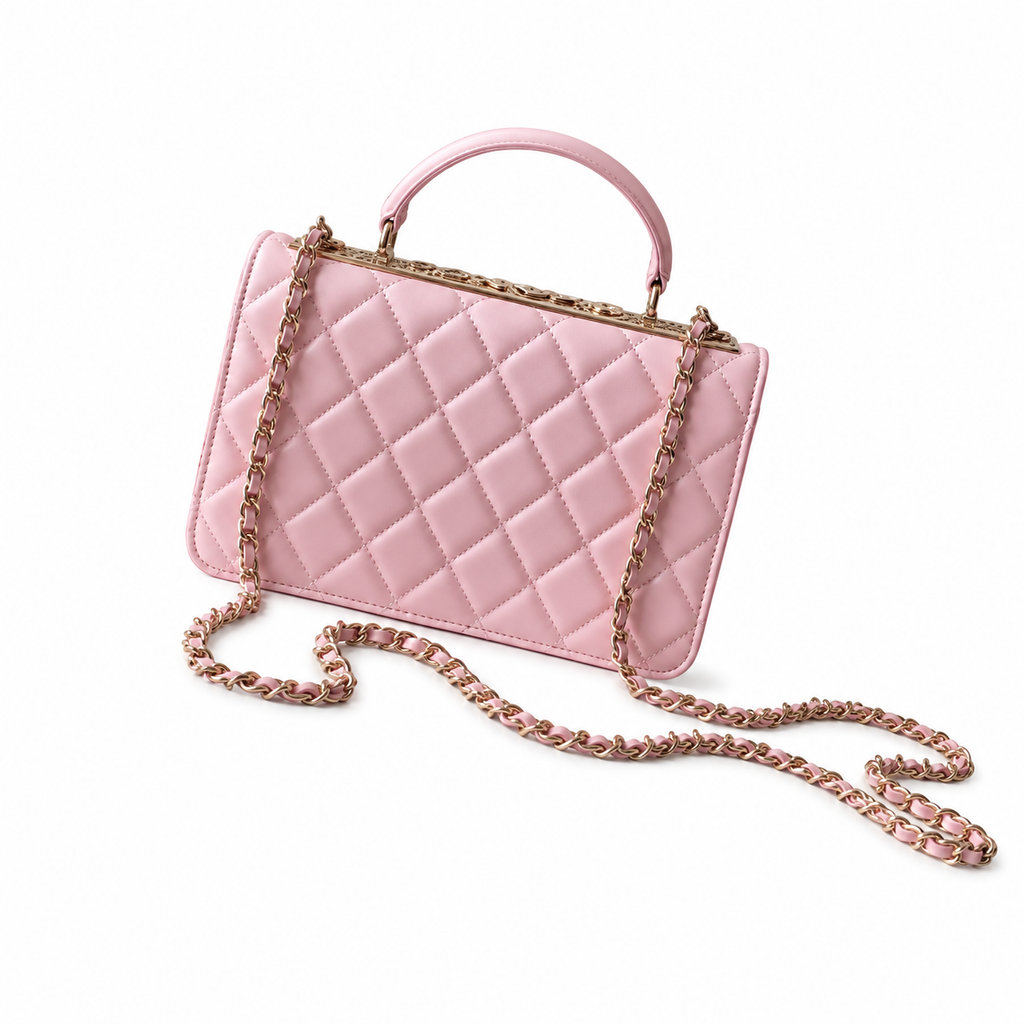 Chanel Sakura Pink Quilted Flap Bag | Crystal Pavé CHANEL Letter Frame Bar, Cylindrical Top Handle & Satin Interior