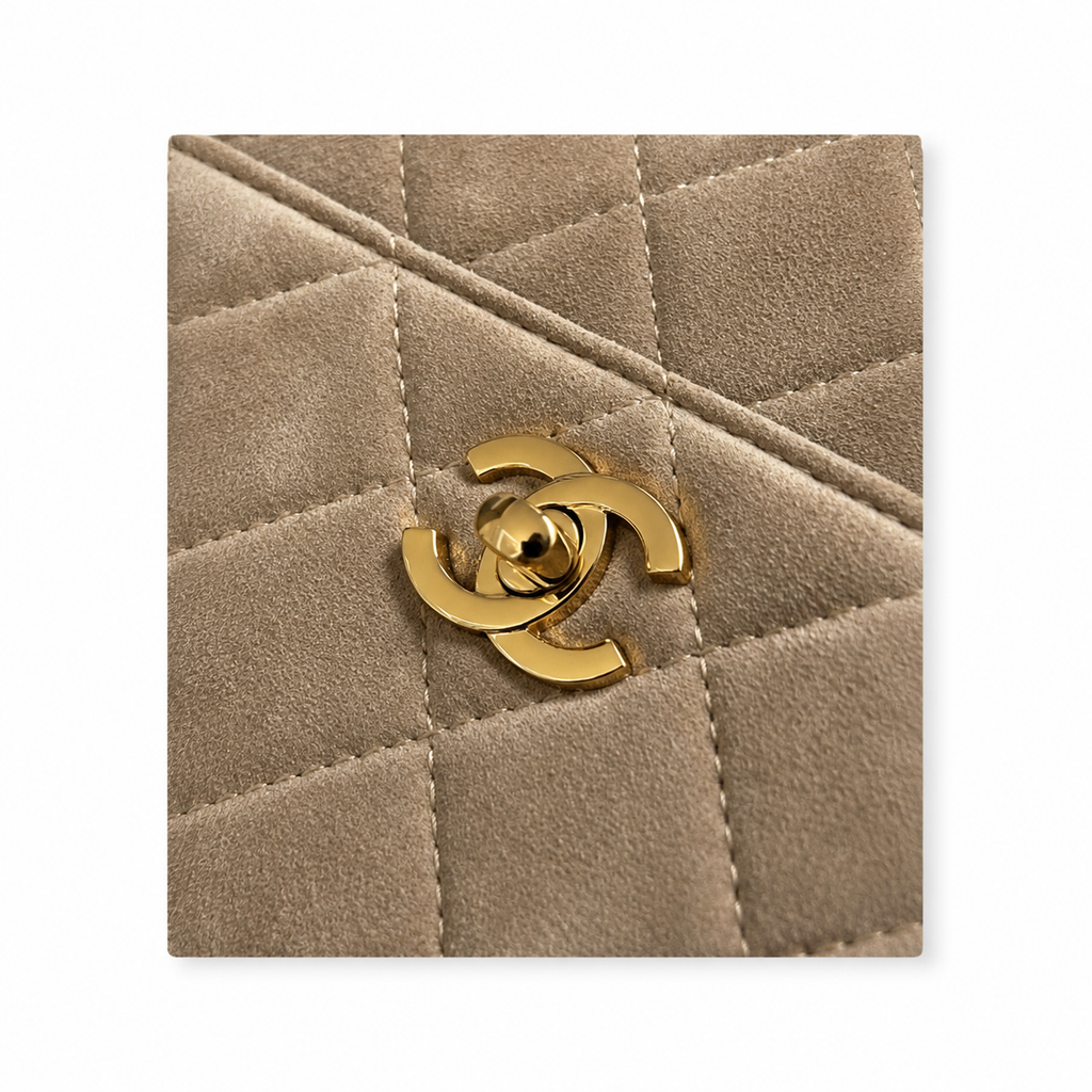 Chanel Camel Suede Quilted Camera Bag | CC Turn-Lock Front Pocket, Top Zip & Gold Chain