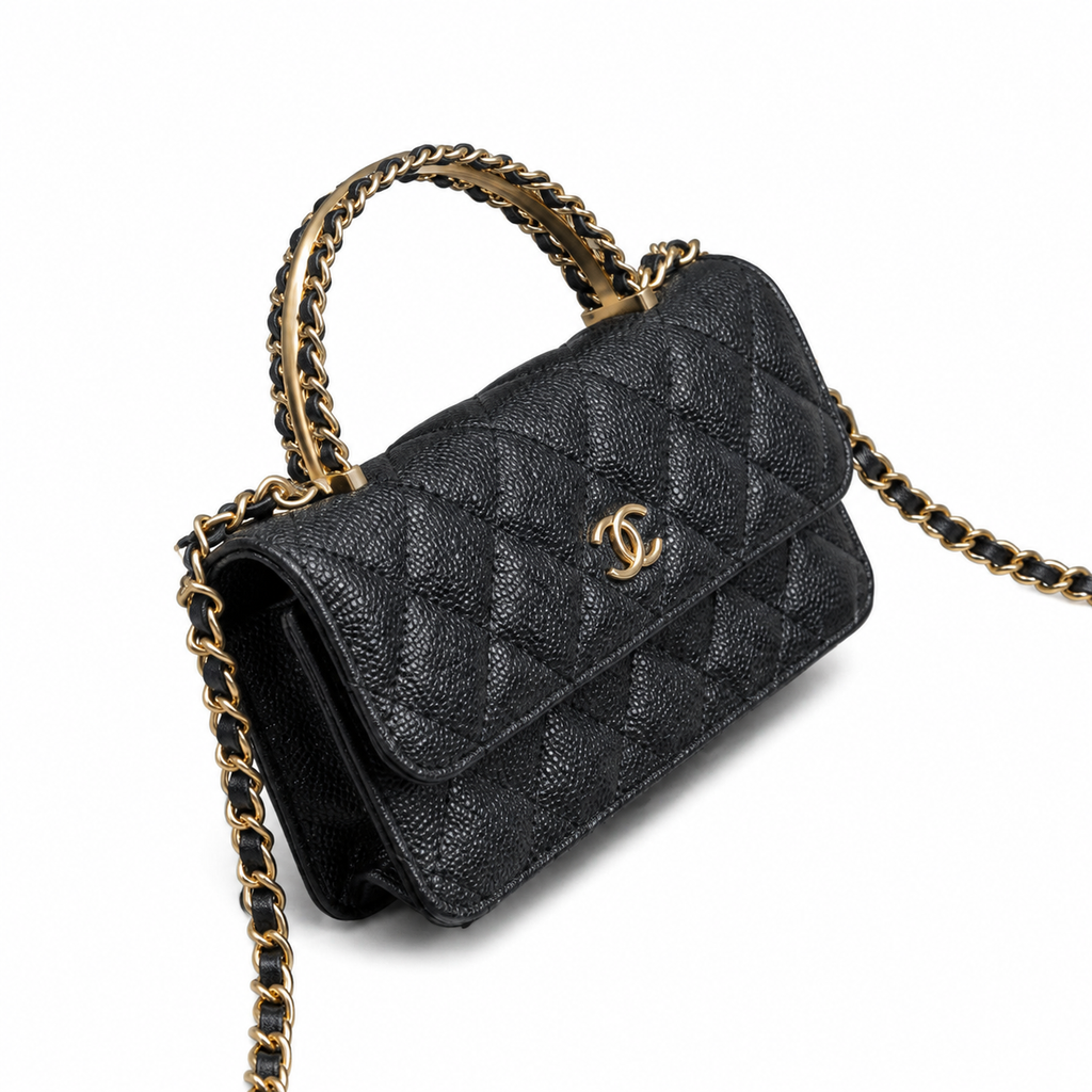 Chanel Black Quilted Caviar Mini Flap Bag | Top Handle & Gold Chain