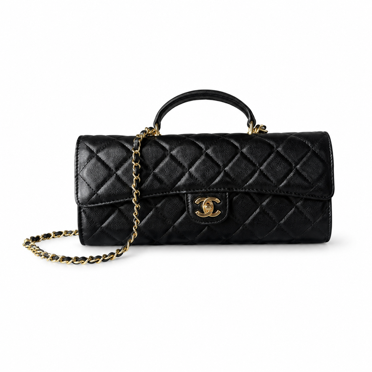 Chanel Black Vintage-Effect Diamond-Quilted Lambskin Elongated Flap Bag | Top Handle & Tonal Chain