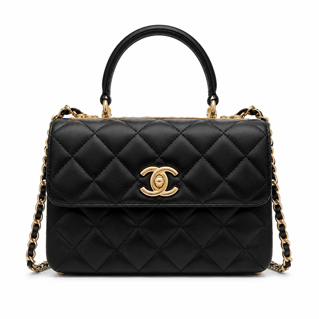 Chanel Trendy CC Mini Top-Handle Flap Black Lambskin | Gold CHANEL Nameplate Bar — 20cm