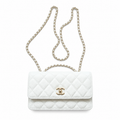Chanel Wallet on Chain WOC White Caviar | Light Gold CC Clasp & Silver Chain — 19cm