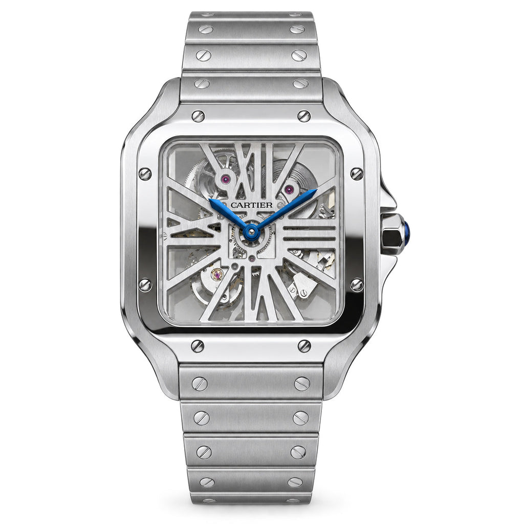 Cartier Santos Large Steel Skeleton Dial Blue Hands Automatic Bracelet Watch – KDY
