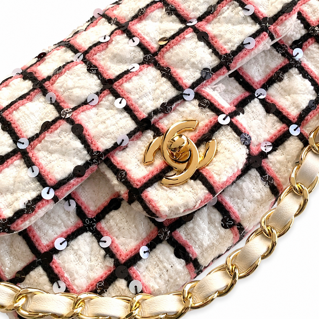 Chanel Tweed Crystal Flap Bag | Gold Chain Pink White Black — 20cm