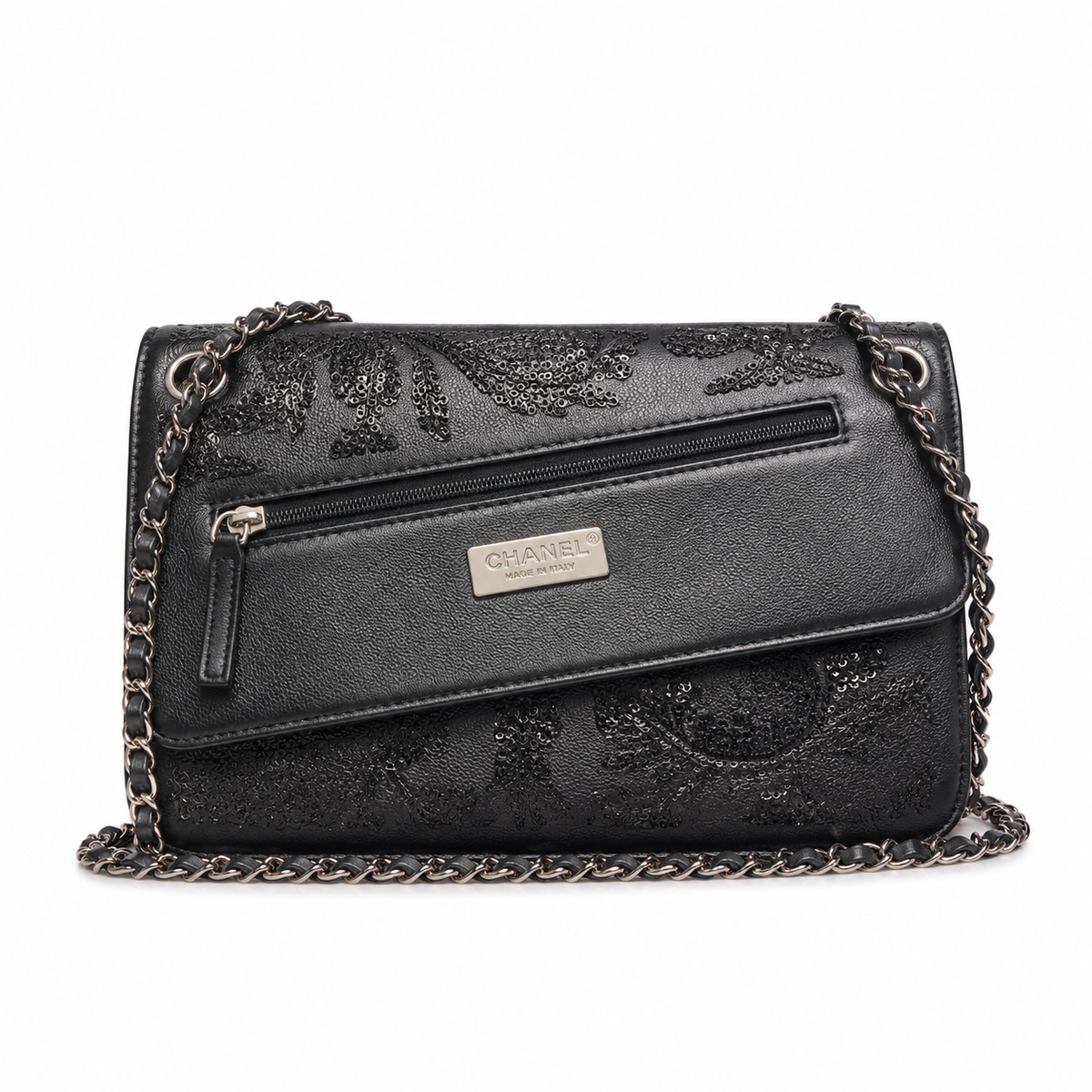Chanel Sequin Graffiti Flap Bag | CC Logo Silver Chain Black — 14x21cm