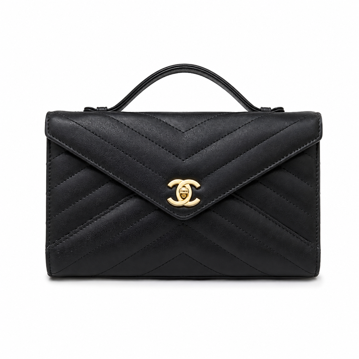 Chanel Black Chevron-Quilted Lambskin Envelope Bag | Gold CC & Deep Red Interior