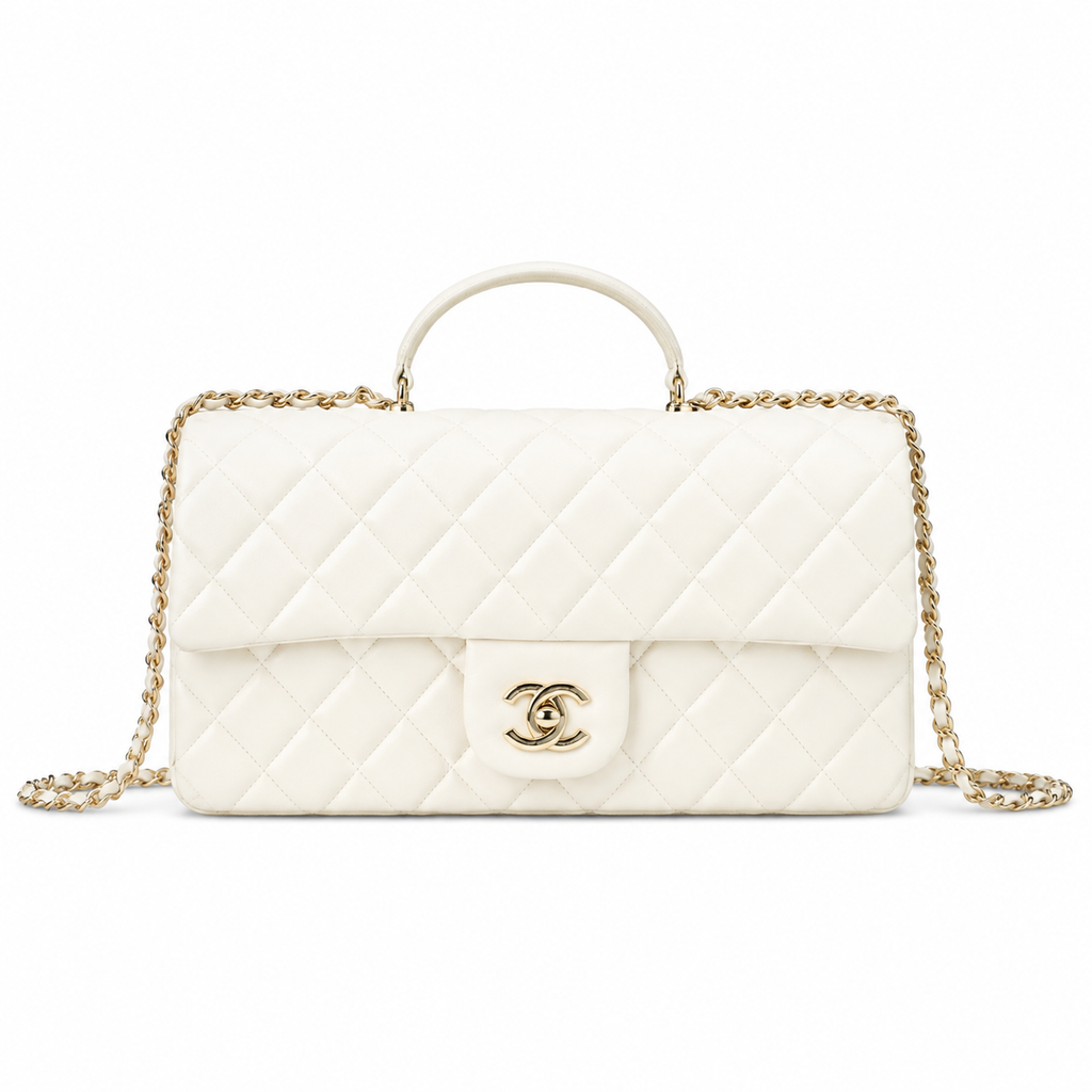 Chanel White Quilted Lambskin Rectangular Flap Bag | Top Handle & Gold Chain