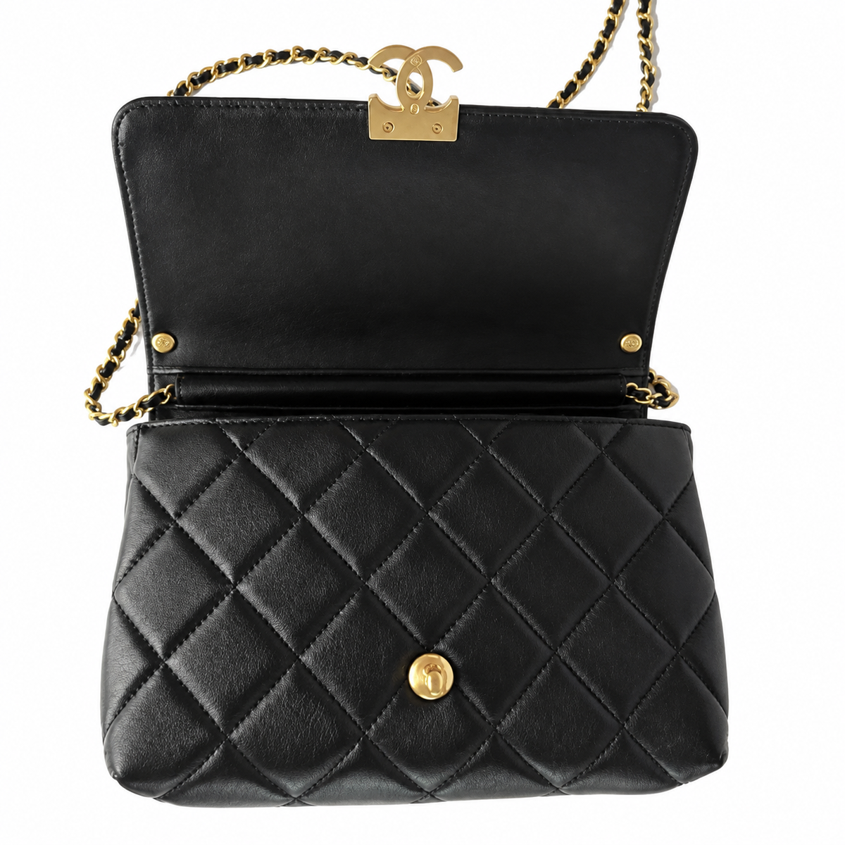 Chanel Quilted Flap Bag | Pearl Chain Crystal Letter Charm Gold CC Black — 23x15cm