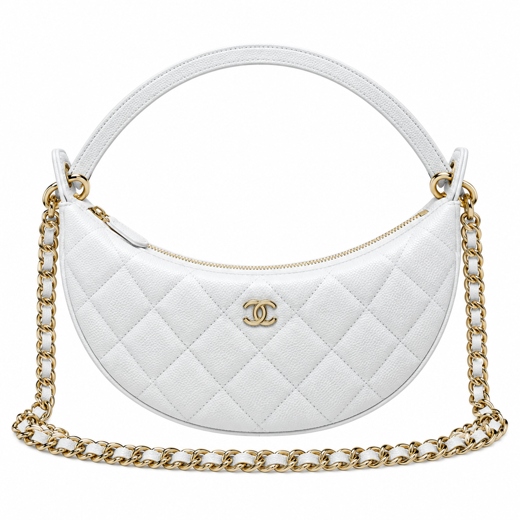 Chanel Crescent Hobo Quilted Caviar White Gold Pearl Zip Dual Chain 22cm