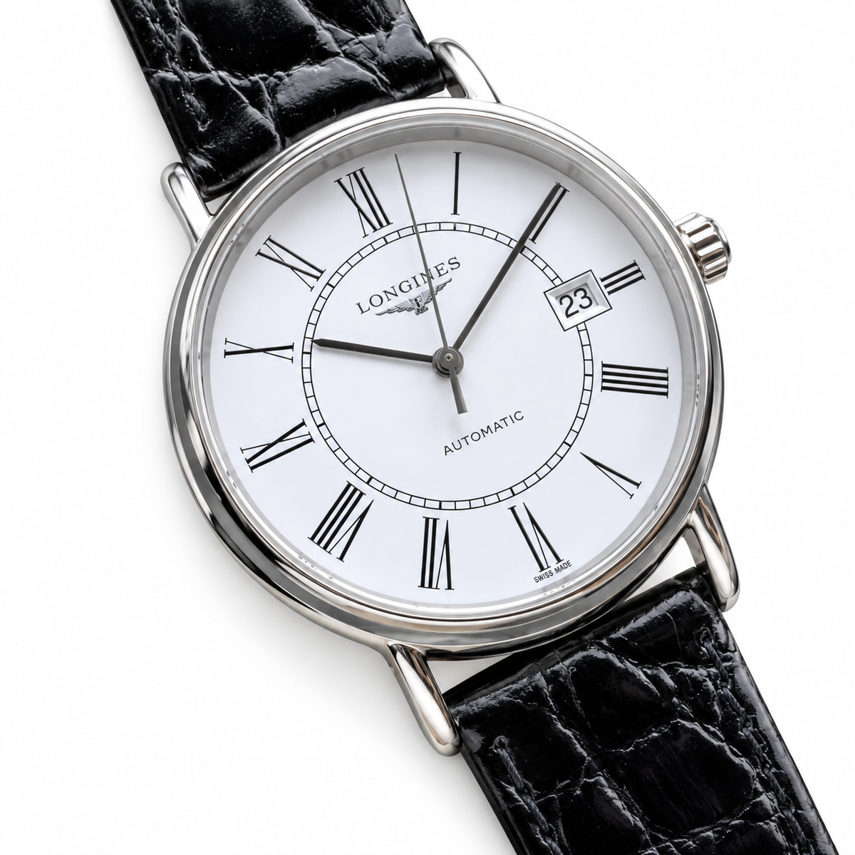 Longines Présence White Dial Roman Numerals Black Leather Dress Watch