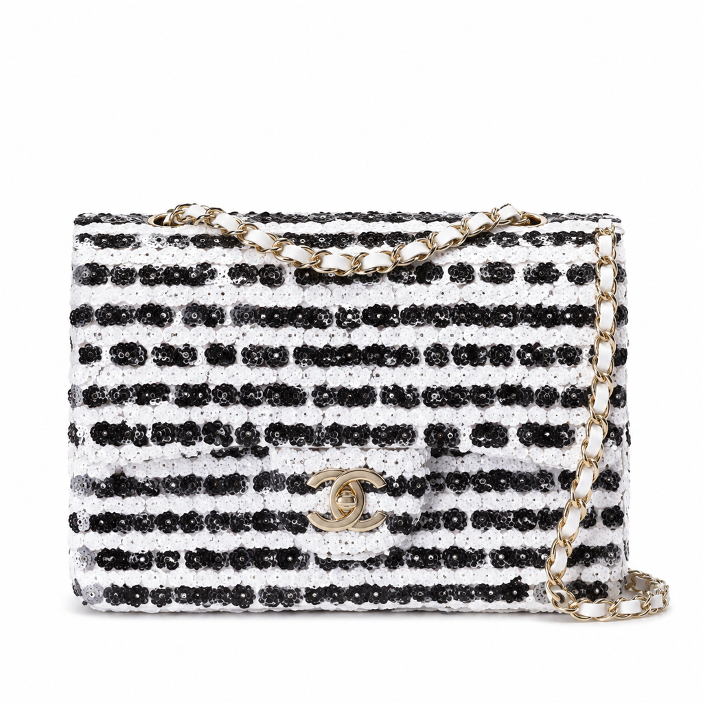 Chanel Floral Bead Stripe Flap Bag | CC Gold Chain Black White — 14x21cm