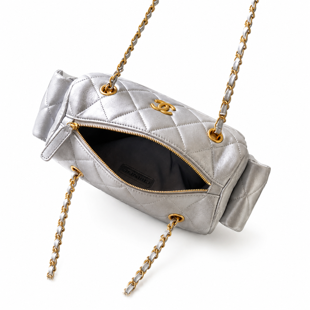 Chanel Metallic Silver Crinkled Leather Quilted Camera Bag | Gold CC, Mixed-Metal Chain & Side Pockets