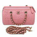 Chanel Raffia Barrel Bag Woven Pink Rose Gold Chain 18.5cm