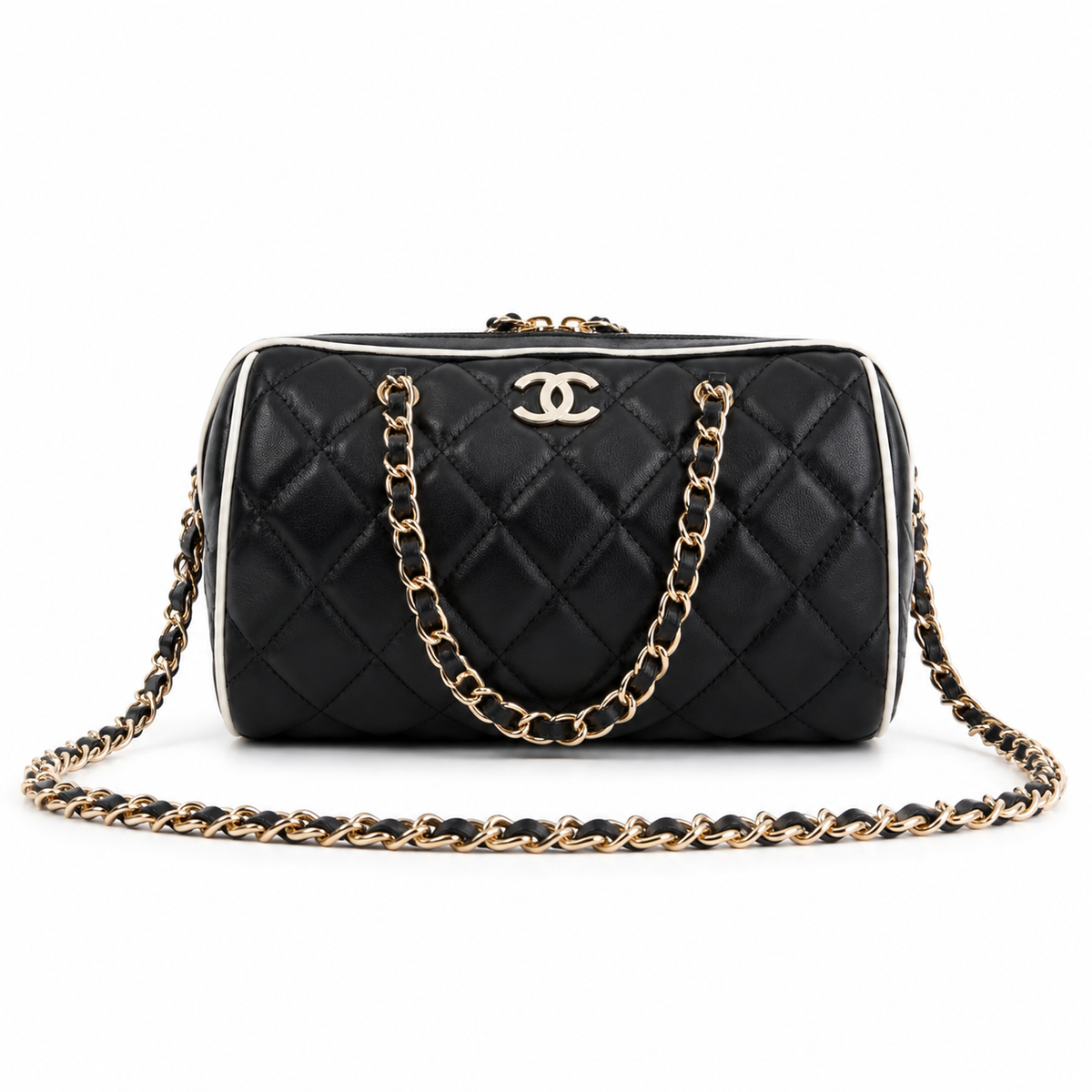Chanel Quilted Barrel Bag | CC Logo Gold Chain Black White — 11.5x18.5cm