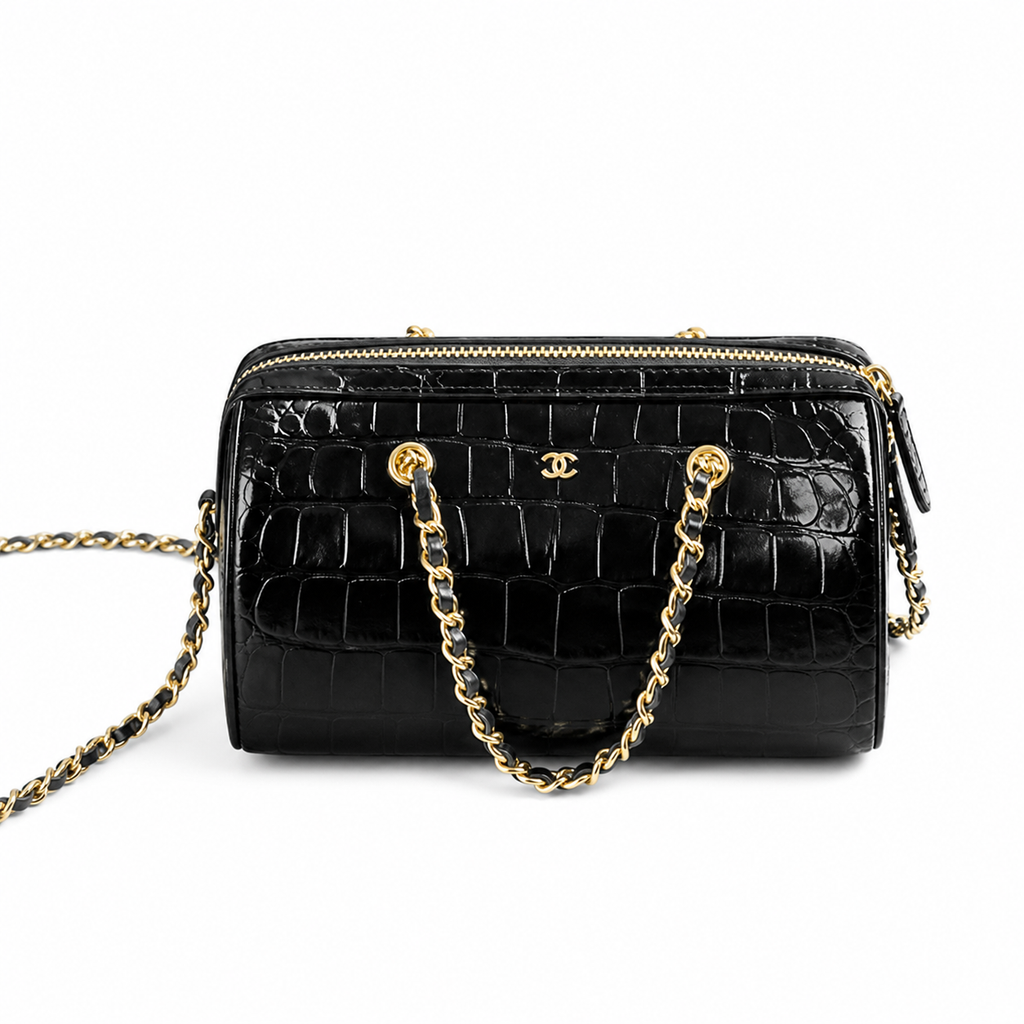 Chanel Black Croc-Embossed Mini Bowling Bag | Dual Gold Zippers — 19cm