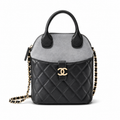 Chanel Grey Suede & Black Leather Mini Bucket Bag | Dual Round Top Handles, Gold CC Connector & Chain Strap