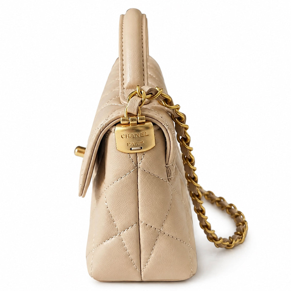 Chanel Nude Beige Lambskin Quilted Mini Flap Bag | CHANEL PARIS Gold Padlock Clasp & Gold Chain