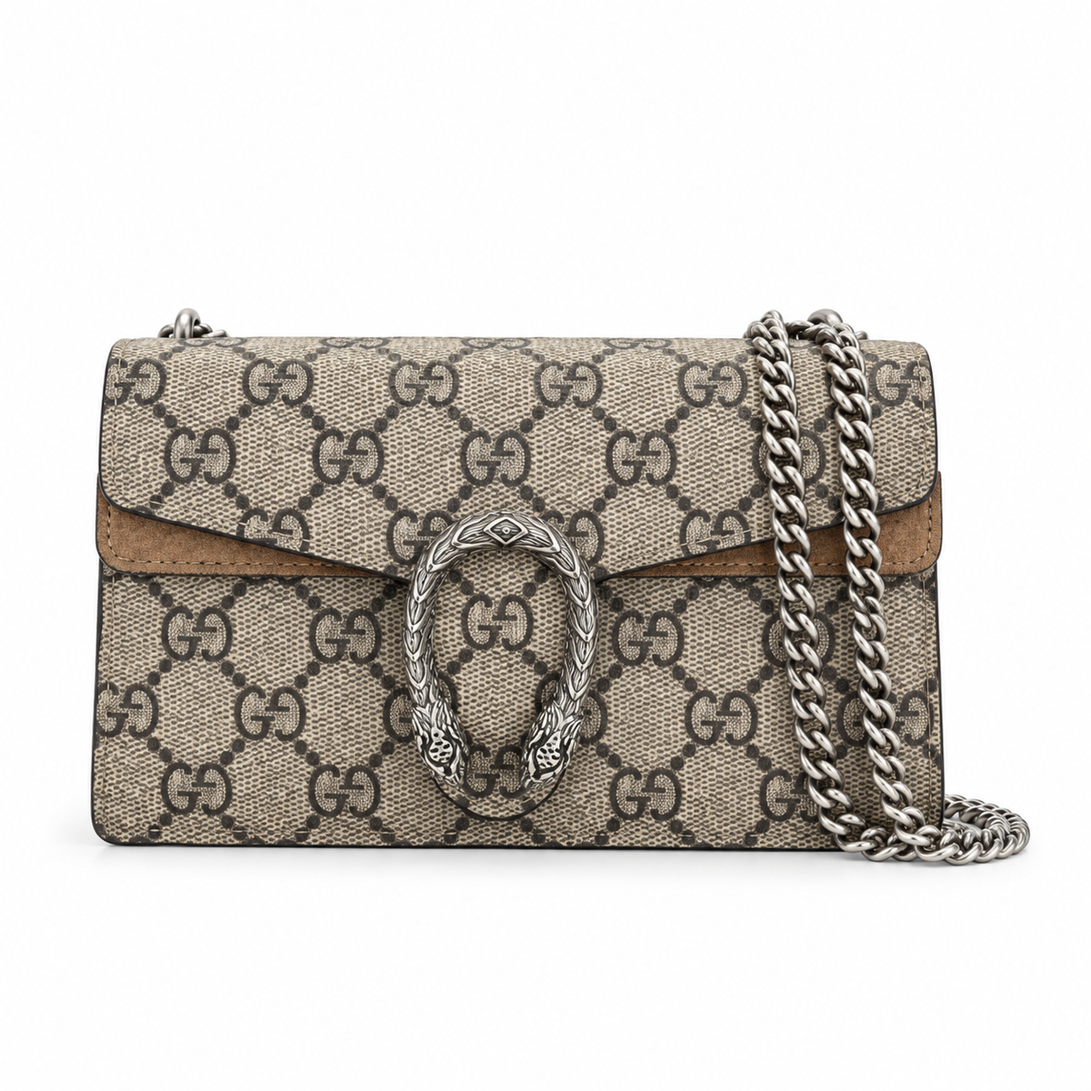 Gucci Dionysus Mini Bag in GG Supreme Canvas with Brown Suede Flap and Leather Interior
