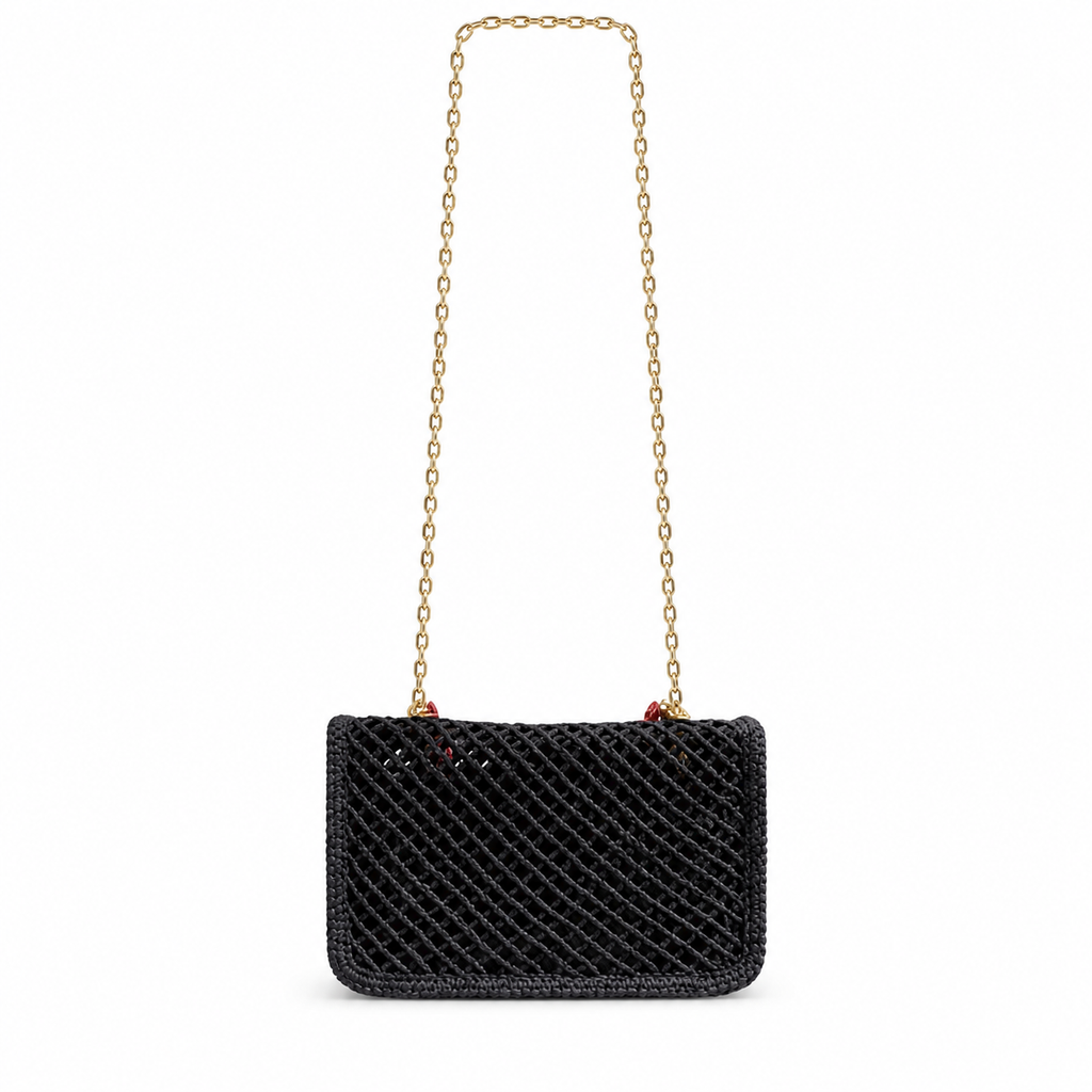 Chanel Black Crochet Classic Flap | Gold Marine Charms & Red Macramé — 21cm
