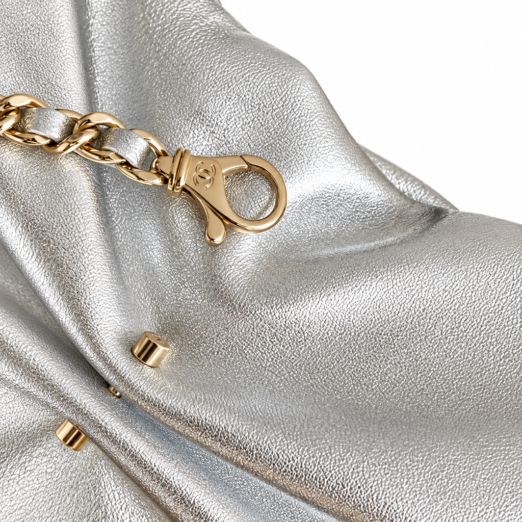 Chanel Pearl CC Gathered Metallic Clutch Silver 14×24×5cm