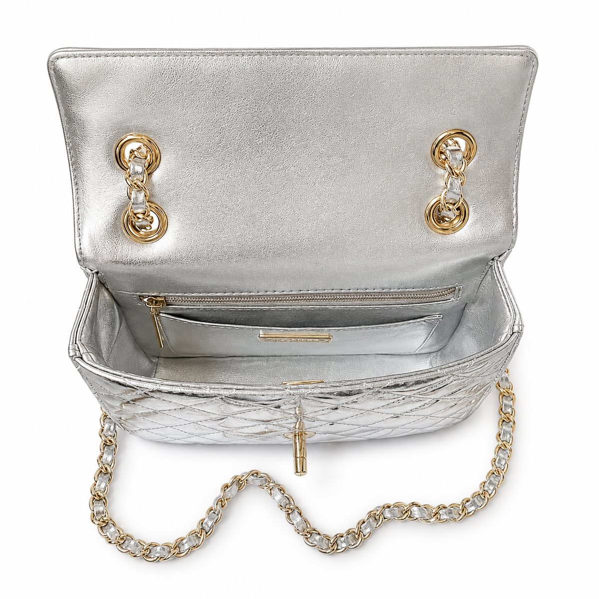 Chanel Mirror Metallic Quilted Flap Bag | CC Turn-Lock Silver Chain — 15x20cm