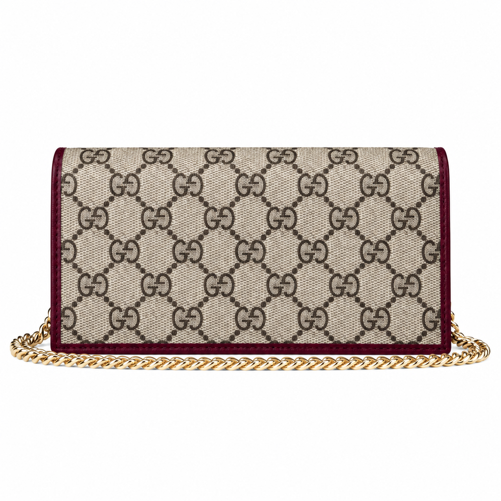 Gucci Horsebit 1955 Chain Wallet in GG Supreme Canvas with Bordeaux Leather Trim