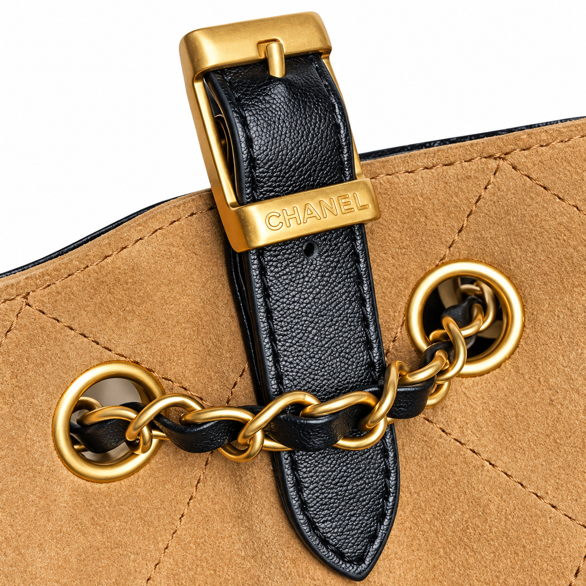 Chanel 24B Bicolor Suede Caviar Quilted Hobo Bag Camel Black 24×36×14cm