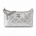 Chanel Silver Metallic Quilted Hobo | Tonal CC & Draped All-Chain Strap — 26cm
