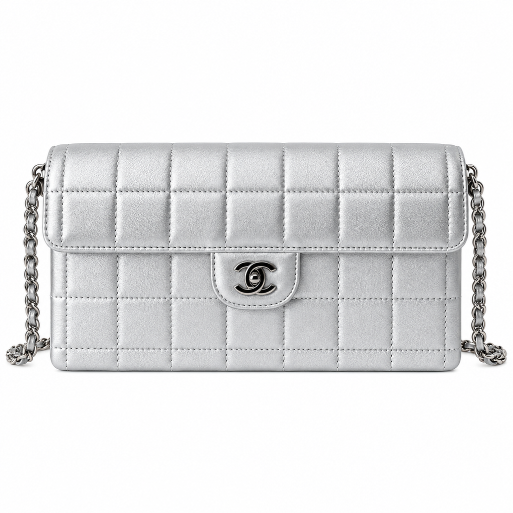 Chanel Metallic Square Quilted East West Flap Bag Silver 26cm