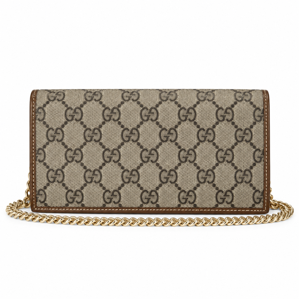 Gucci Horsebit 1955 Chain Wallet in GG Supreme Canvas with Brown Leather Trim
