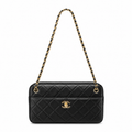 Chanel Black Lambskin Quilted Camera Bag | CC Turn-Lock Lid, Top Zip & Leather-Woven Chain