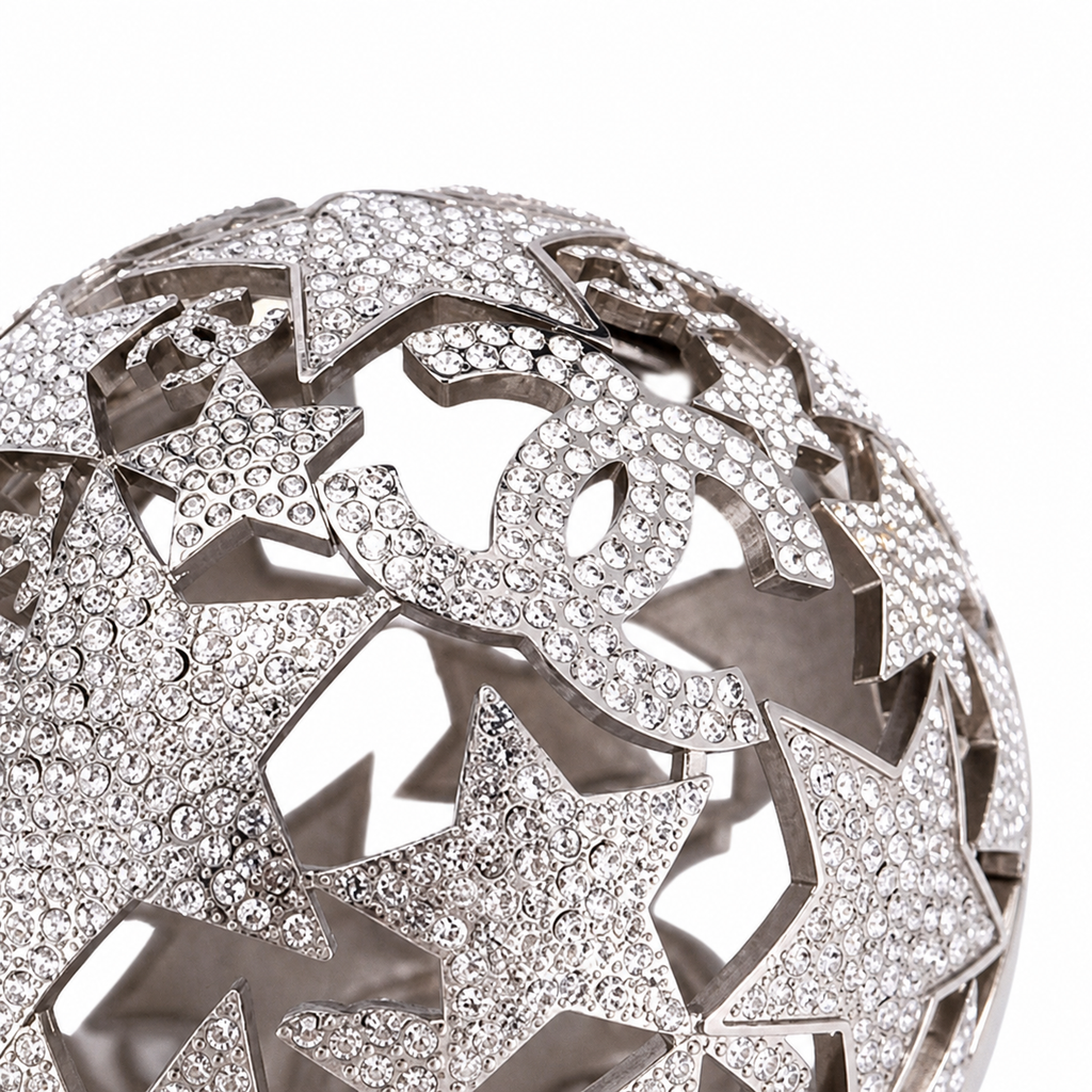 Chanel CC Crystal Star Globe Minaudiere | Silver Filigree & Chain — 13cm