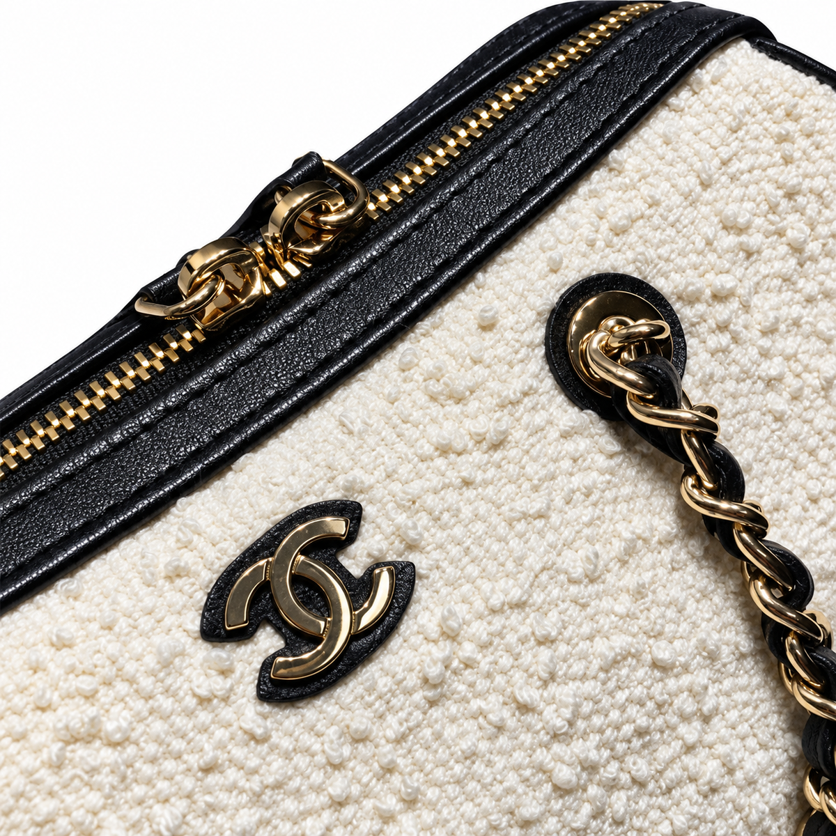 Chanel Tweed Camera Bag White Black Silver CC 18.5cm