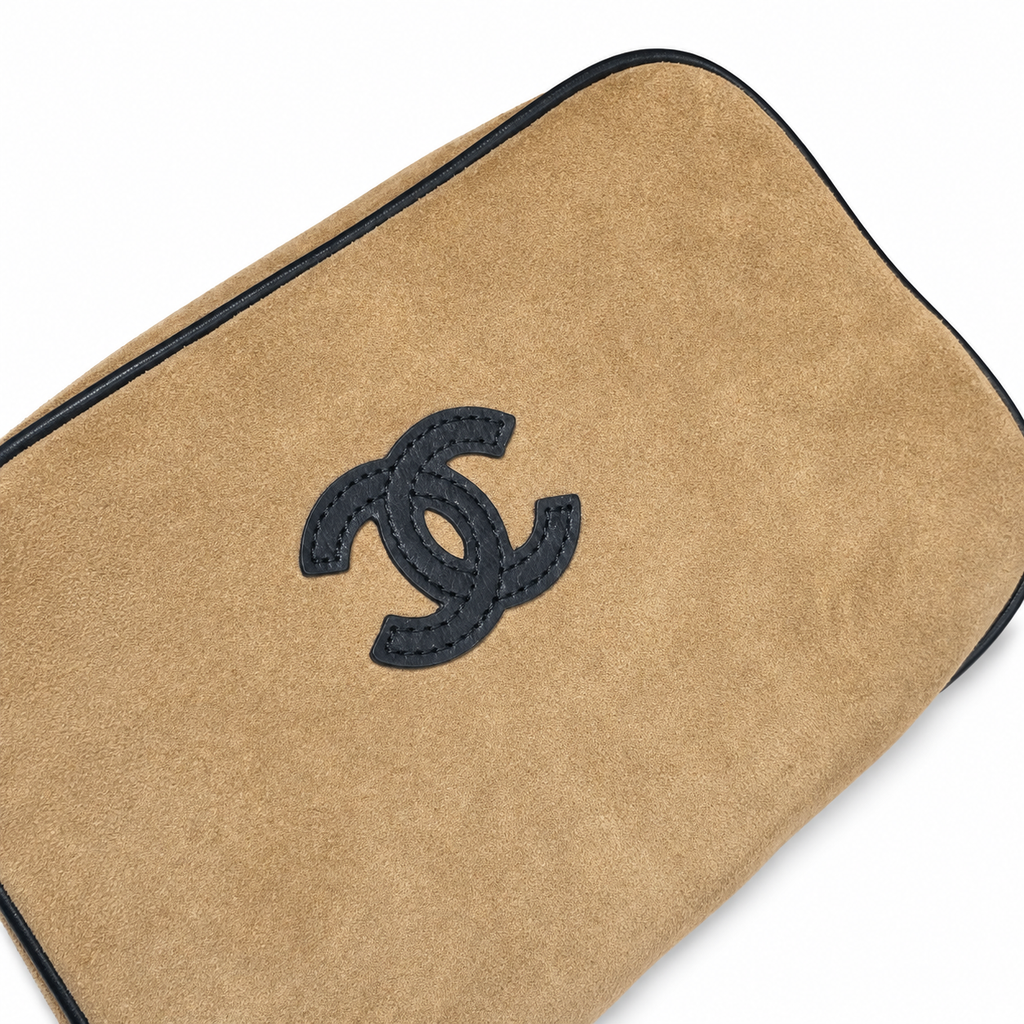 Chanel Camel Suede Barrel Bag | Black CC Appliqué & Black Leather Trim