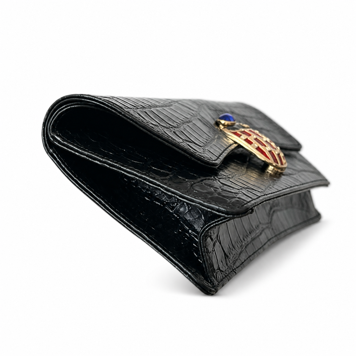 Chanel Black Croc-Embossed Evening Clutch | Jeweled Scarab CC — Blue Lapis & Red Enamel — 30cm