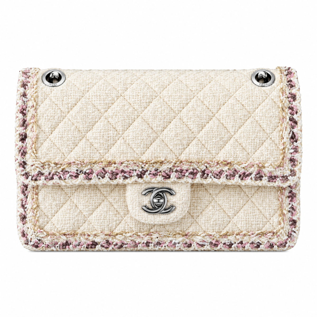 Chanel Classic Flap Quilted Tweed Multicolour Trim Ivory Silver 25cm