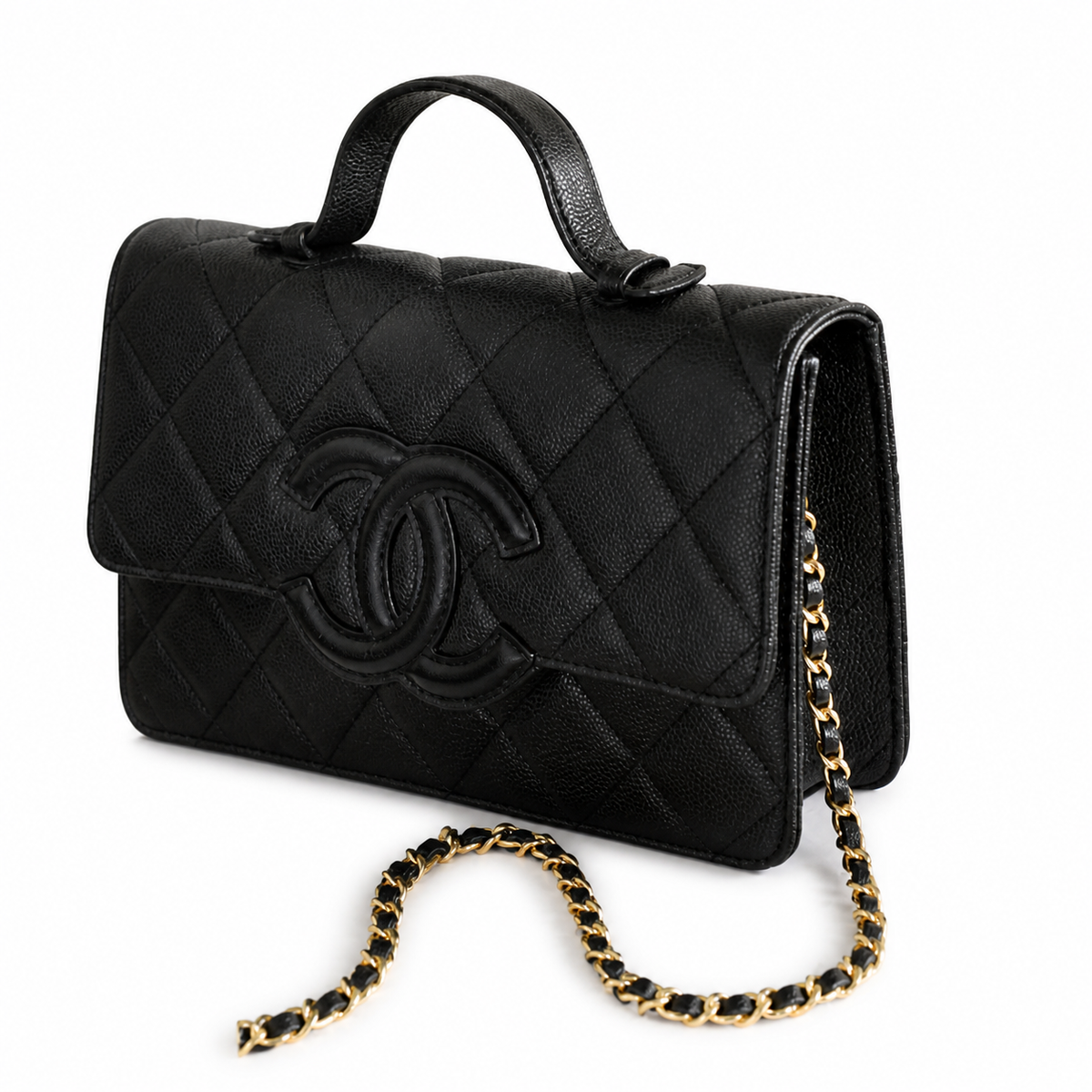 Chanel Black Aged Caviar Quilted Flap Bag | Oversized CC Logo, Top Handle & Gold Chain