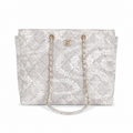 Chanel Grey & White Floral Jacquard Quilted Shopping Tote | Gold Oval Logo Plate, Silver Chain & Fabric Top Handle