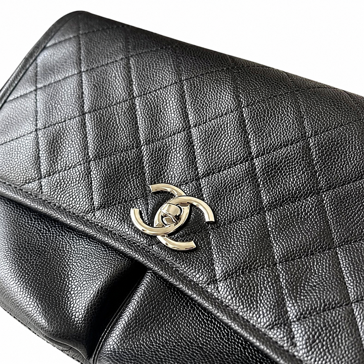 Chanel Black Caviar Quilted Large Single Flap Bag | Silver CC Turn-Lock & Silver Chain