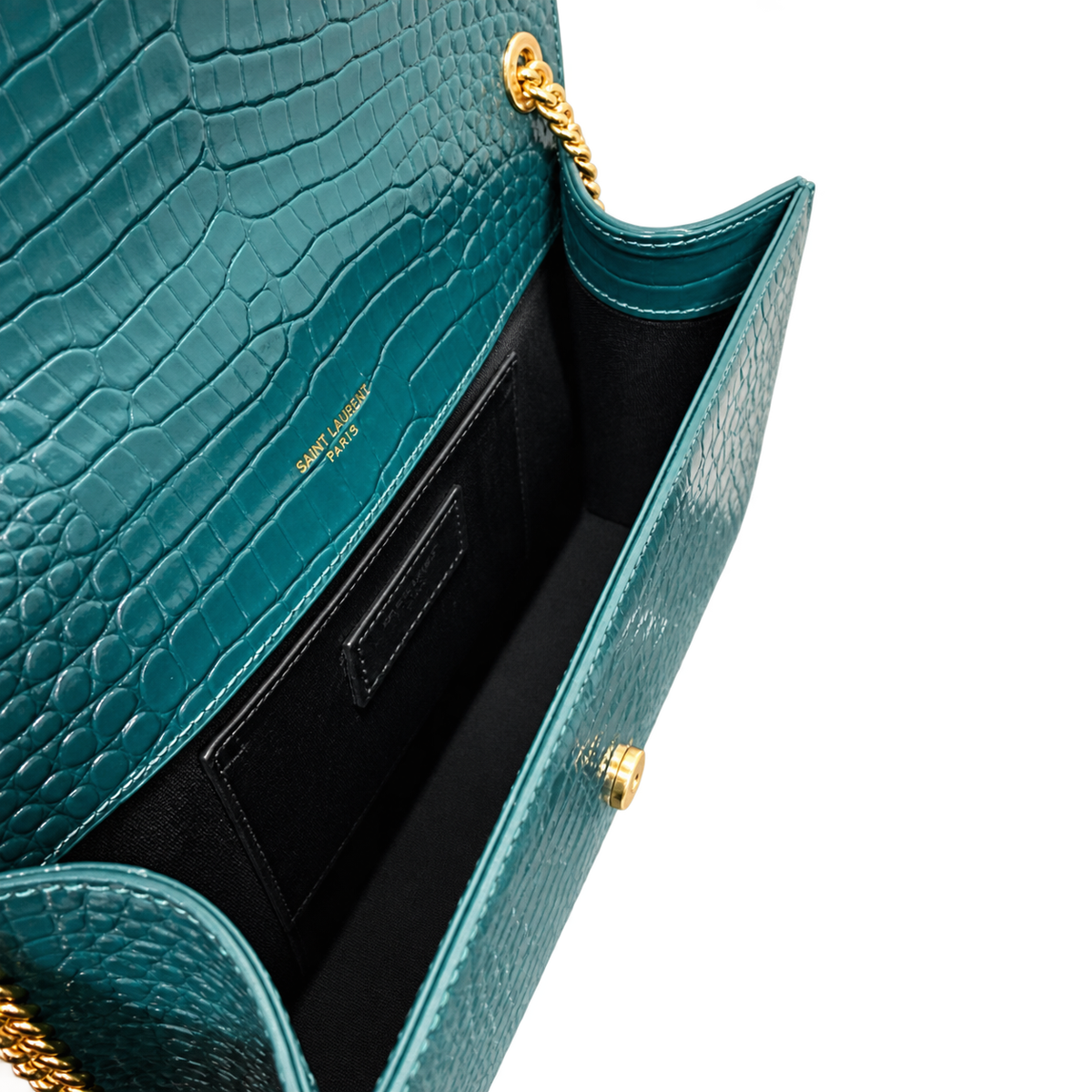 YSL Kate Tassel Chain Bag – Teal Croc-Embossed Leather
