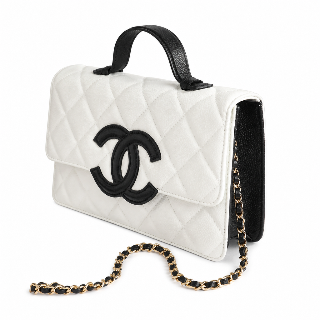 Chanel CC Quilted Box Bag | White & Black Top Handle — 24cm