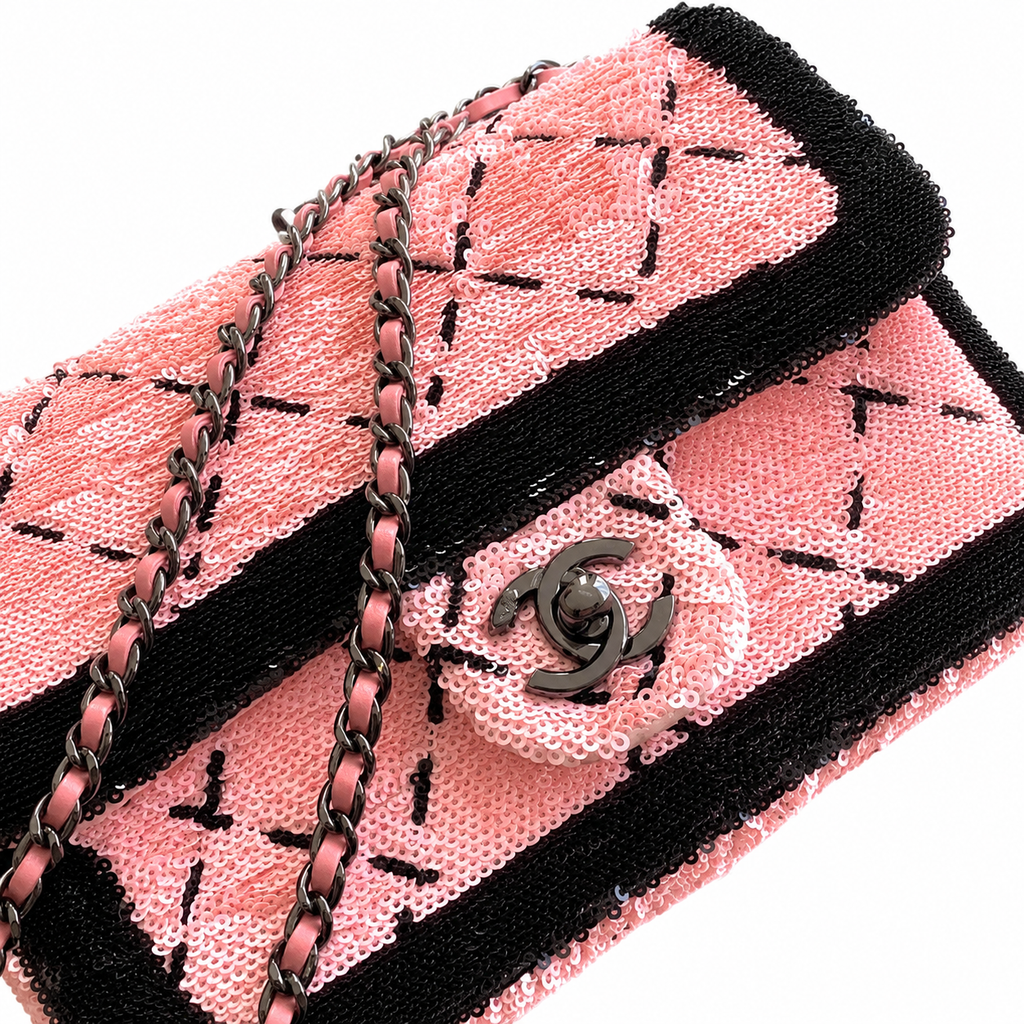 Chanel Pink Oversized Sequin Quilted Diamond Flap Bag | Black Micro-Sequin Grid & Border Frame, Gunmetal Chain