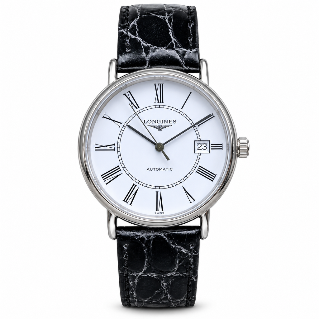 Longines Présence White Dial Roman Numerals Black Leather Dress Watch