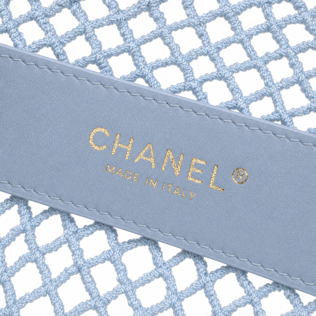 Chanel Pale Blue Open-Weave Crochet Classic Double Flap | Gold CC — 21cm