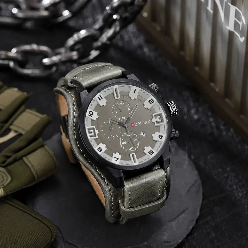 AURIONN Men's Military Chronograph Matte Black Oversized Case Grey Dial White Arabic Numerals Dual Sub-Dials Date Wide Vintage Leather Strap