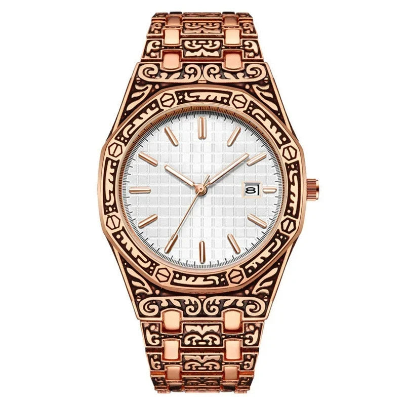 Men's Iced Out Watch – Rose Gold Crystal Diamond Black Dial