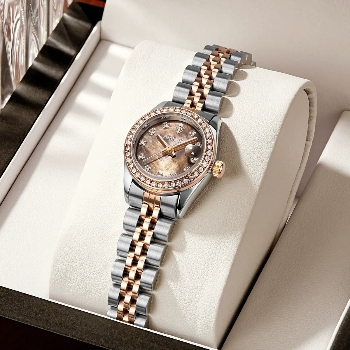 Aimana — Two-Tone Steel & Gold, Diamond Bezel, White MOP Dial & Jubilee Bracelet, Women