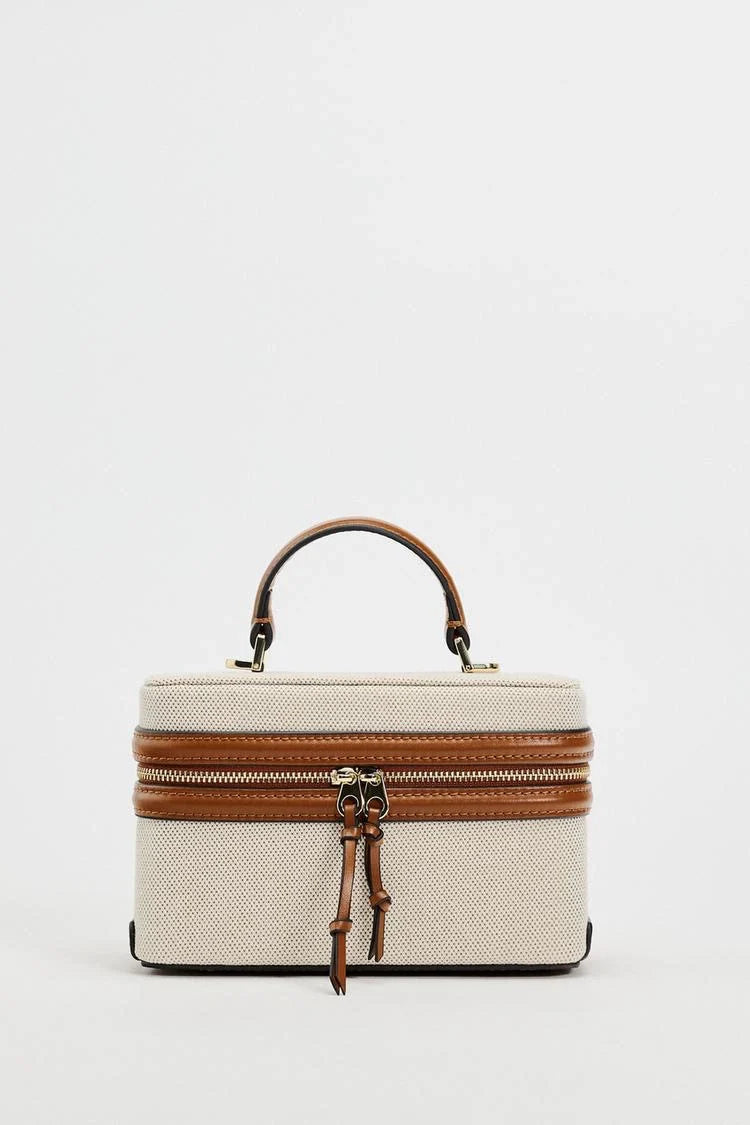 Canvas Leather Trim Vanity Case Bag 28cm