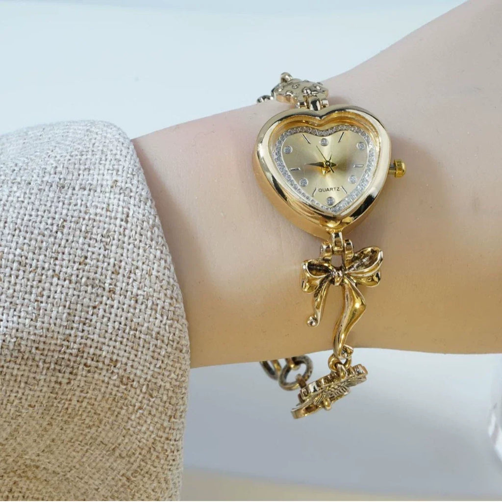 Women's Heart-Shaped Charm Bracelet Watch 37mm | Gold Fairy & Floral Chain Timepiece